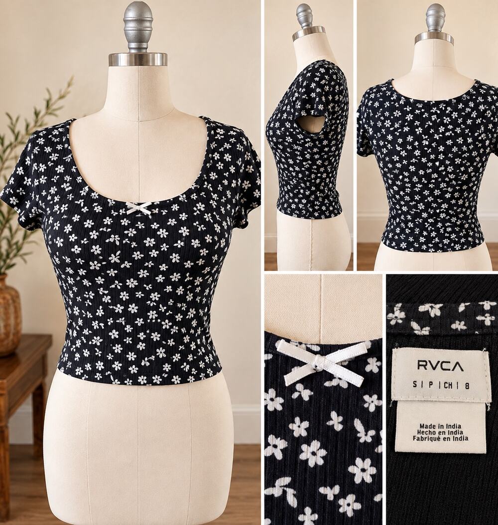 RVCA Women's Small Black Ditsy Floral Ribbed Baby Tee Crop Top Bow Coquette
